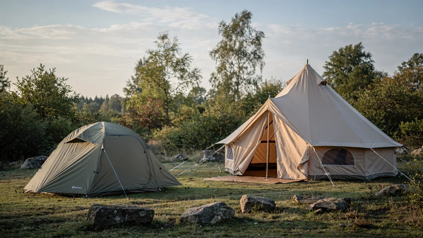 A small backpacking tent and a spacious canvas bell tent in two separate neighbouring clearings, natural morning light