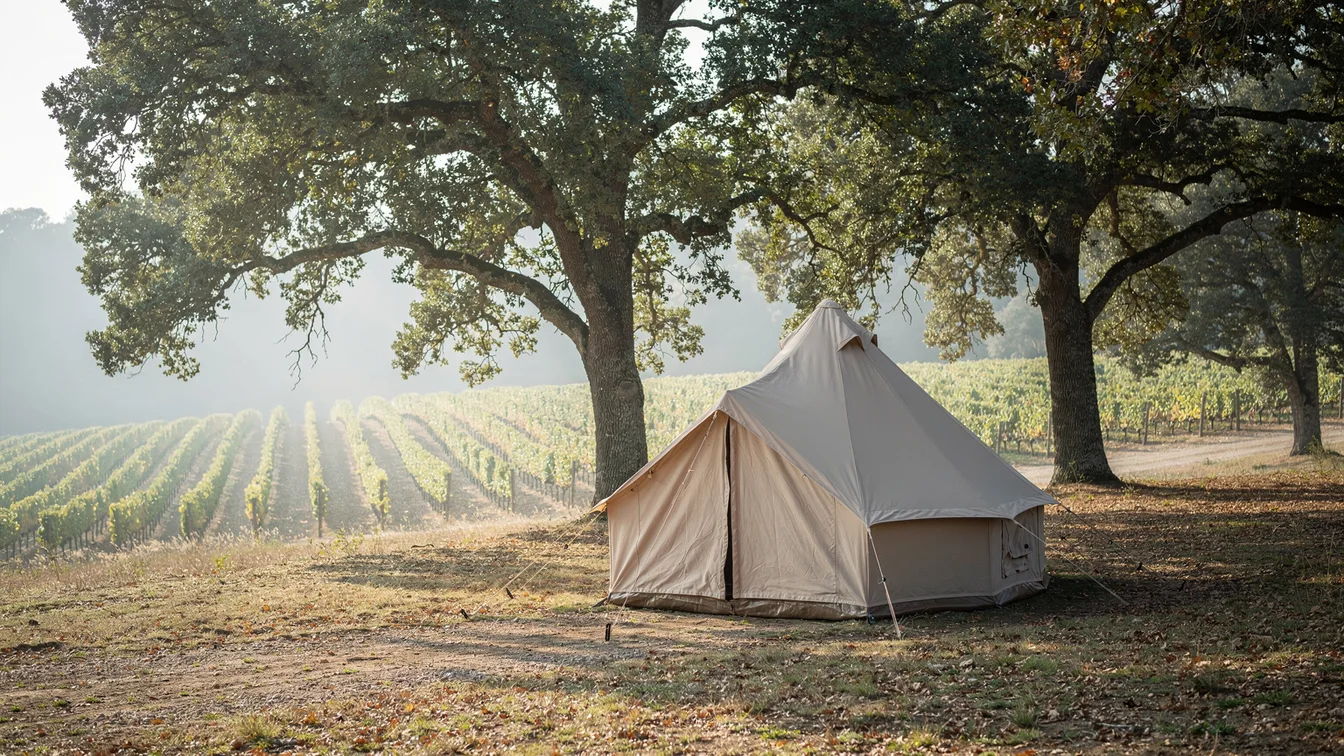 A canvas bell tent near a vineyard edge under oak trees, gentle morning haze