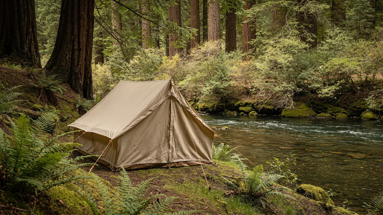 A quiet canvas tent among ferns and straight tall redwood trunks near a leafy riverbank