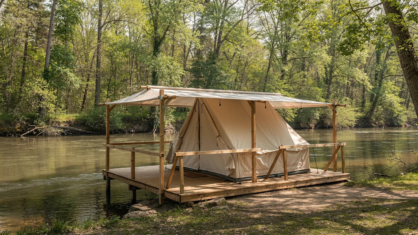 A canvas tent on a shaded raised deck overlooking a calm wooded river