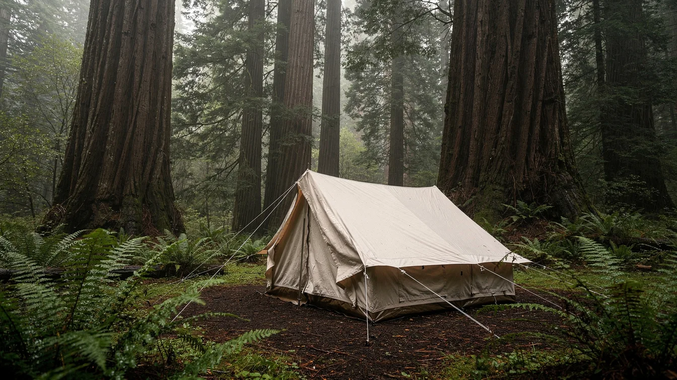 A modest canvas tent in a damp fern clearing under giant coastal redwood trees