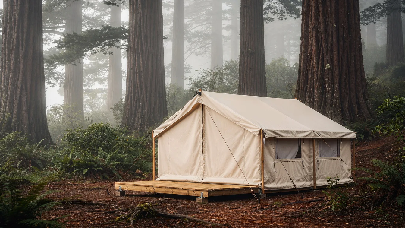 A cream canvas safari tent among tall redwood trunks with a foggy coastal woodland beyond