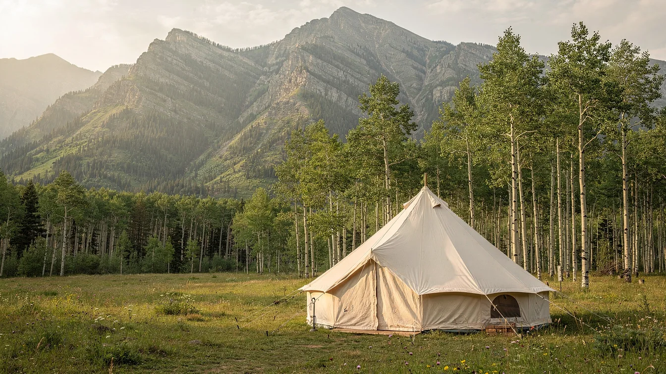 A cream bell tent in a mountain meadow beneath aspen trees and broad mountain ridges