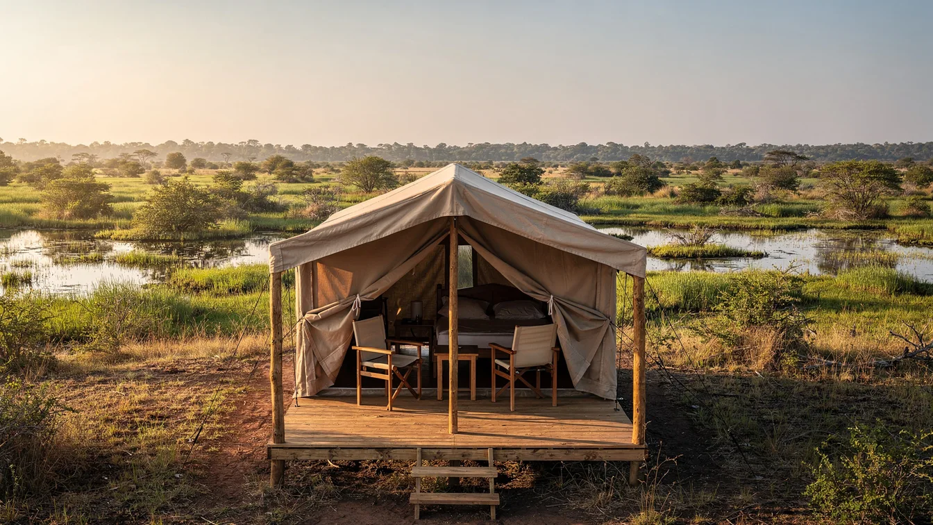 An elevated safari tent facing a broad subtropical wetland, subtle warm dawn light
