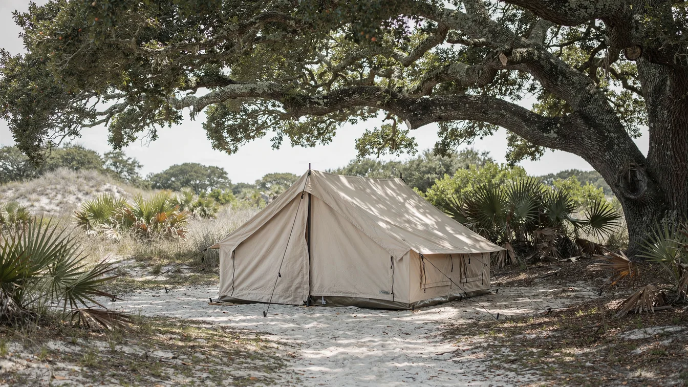 A canvas tent under spreading coastal live oaks, sandy ground and palmettos