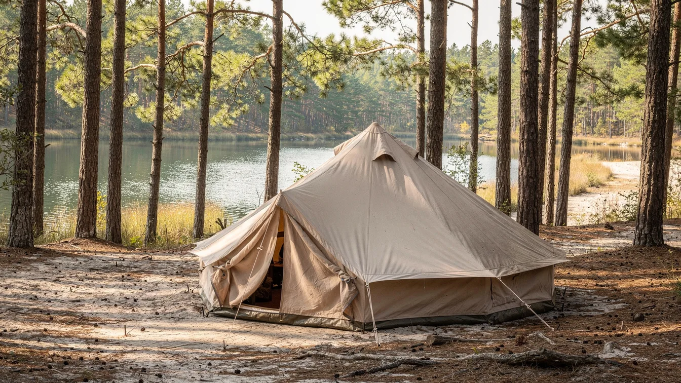 A canvas tent in a sandy pine forest with a quiet spring-fed lake visible beyond