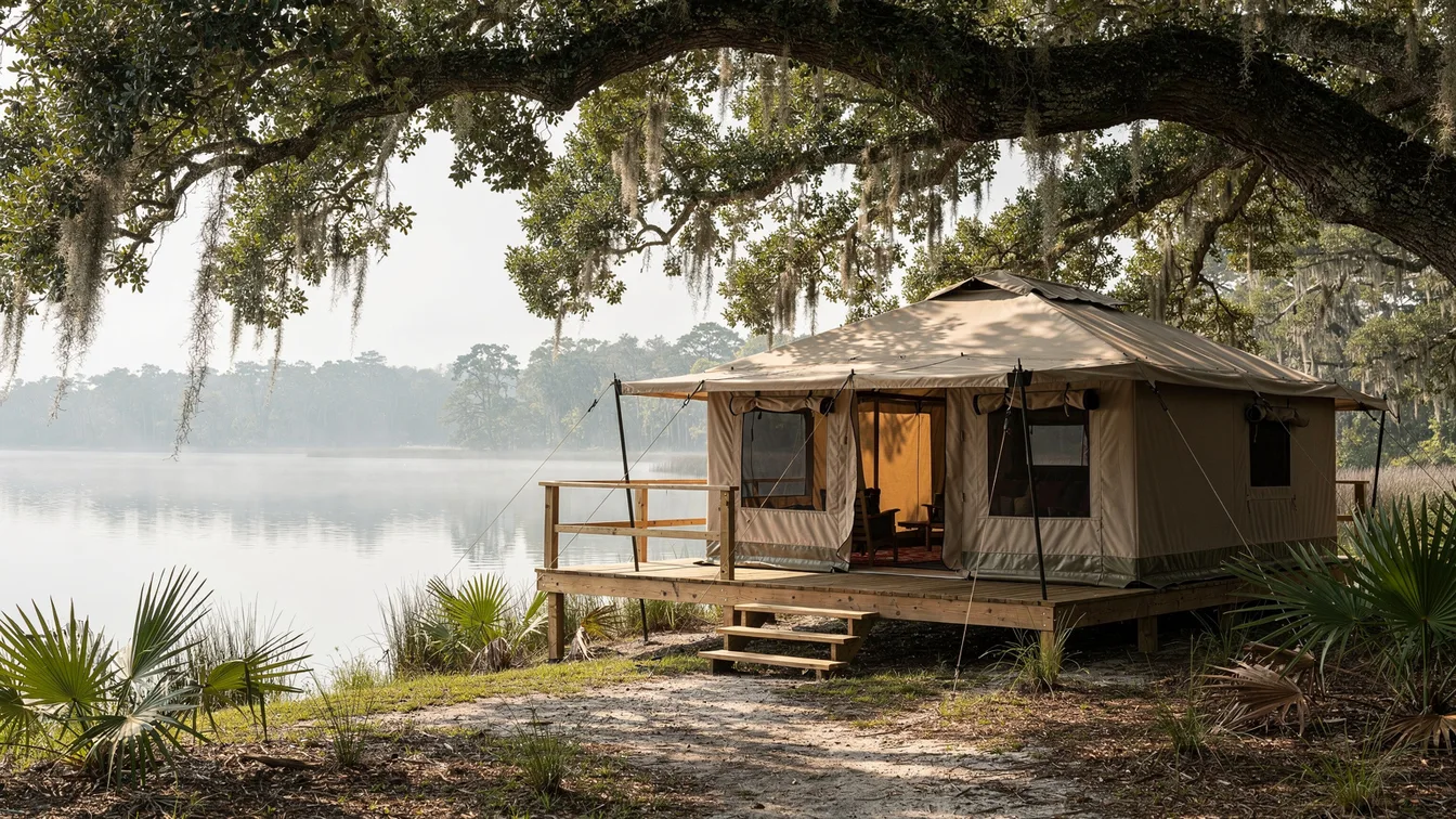 A safari tent on a wooden deck under live oak trees beside a low inland subtropical lake