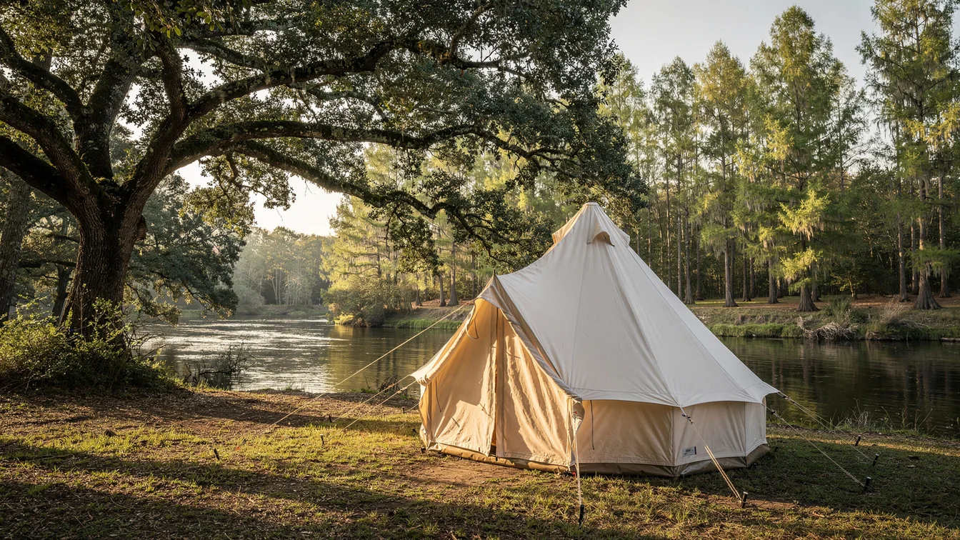 A canvas bell tent in a live oak clearing beside a calm cypress-lined river
