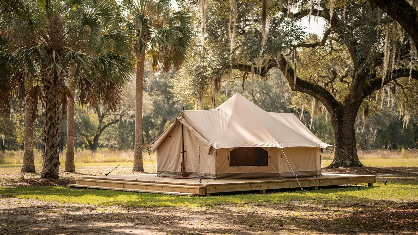A canvas bell tent on a shaded grassy platform with palms and live oak trees