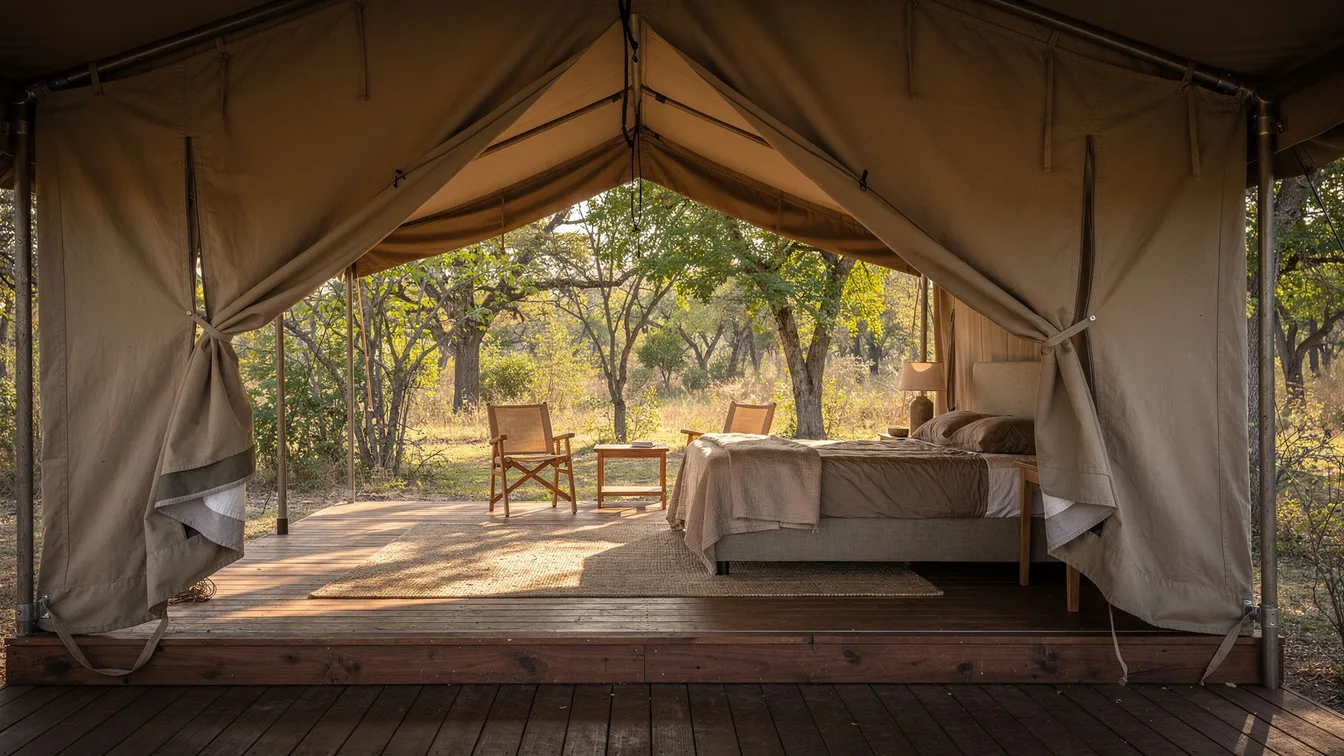 A furnished safari tent open to a wooden deck in a sunlit grove