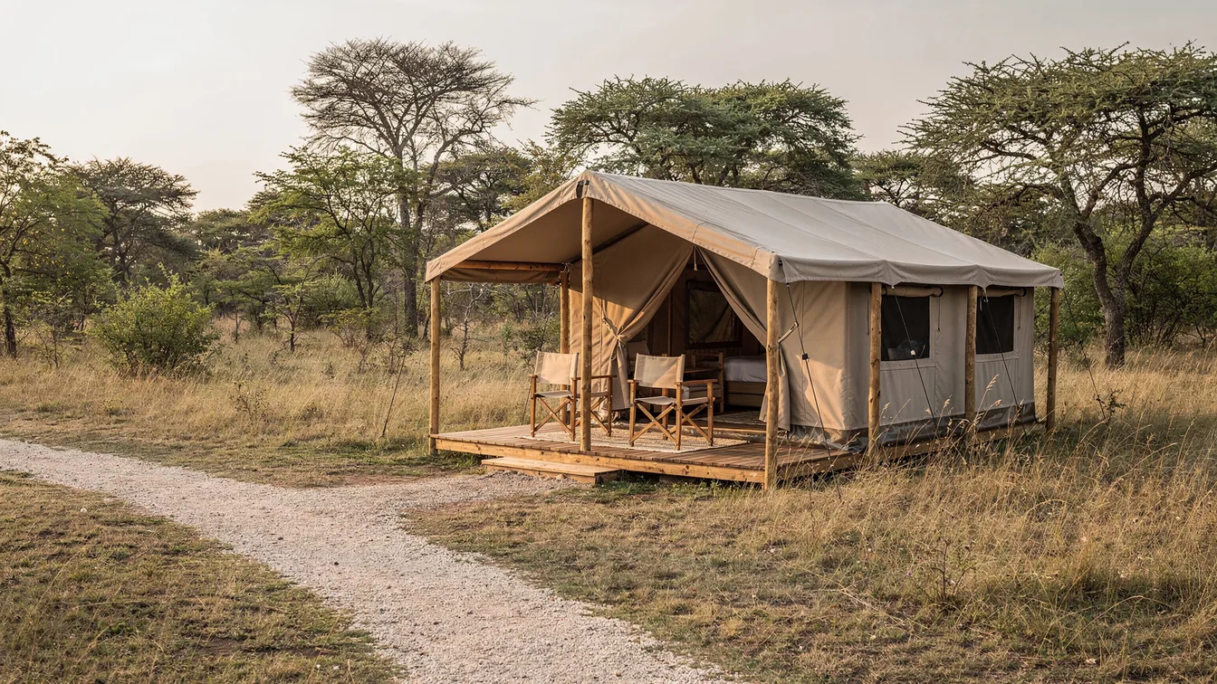A furnished canvas safari tent at a grassy woodland edge beside a gravel approach