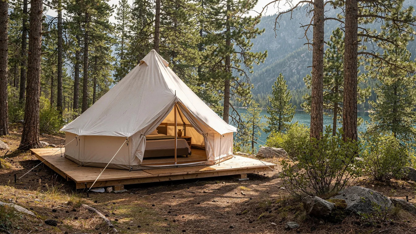 A furnished bell tent on a platform among mountain pines with a glimpse of blue lake