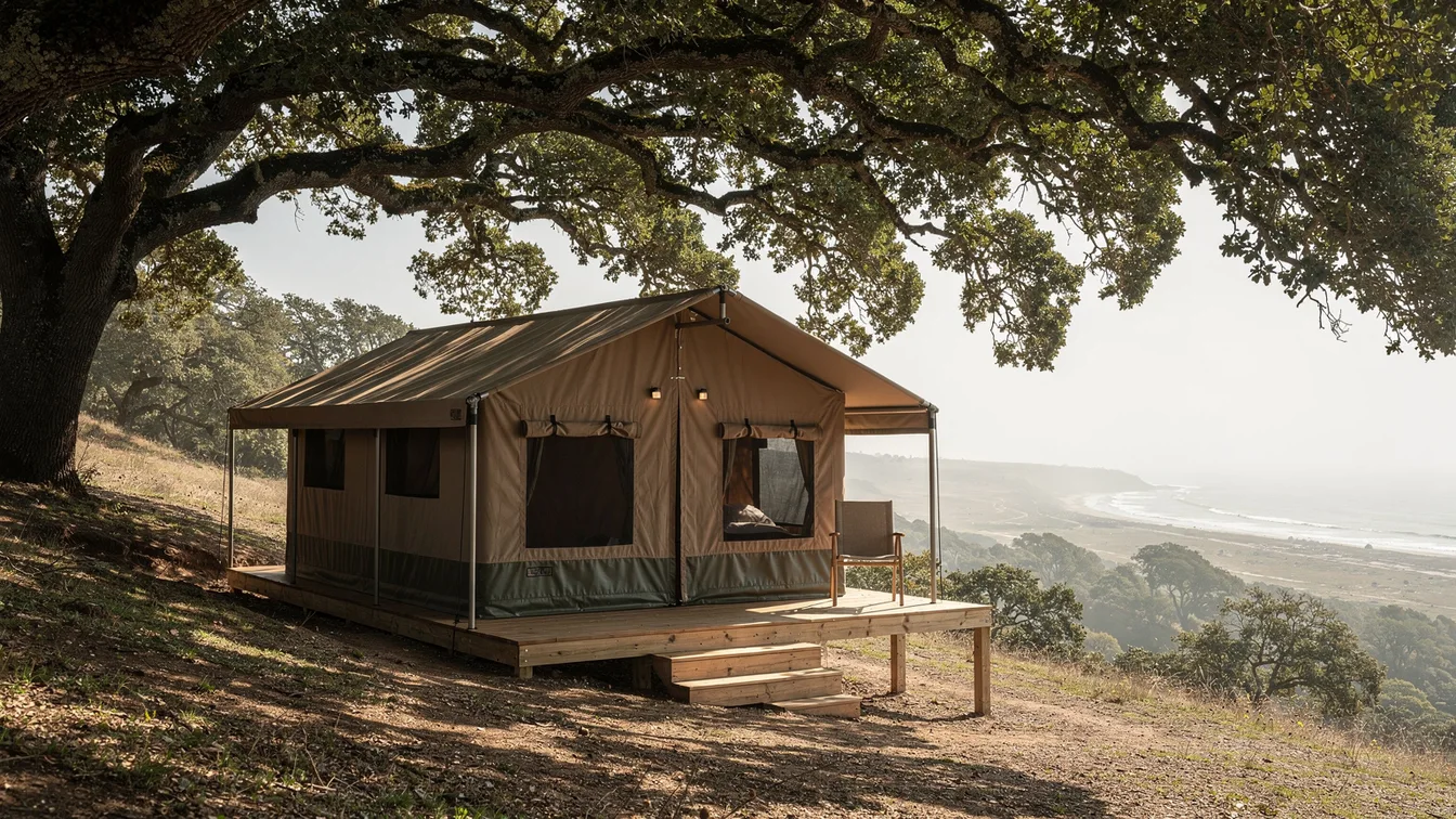 A safari tent with a small wooden deck on a coast-facing hillside under oak shade