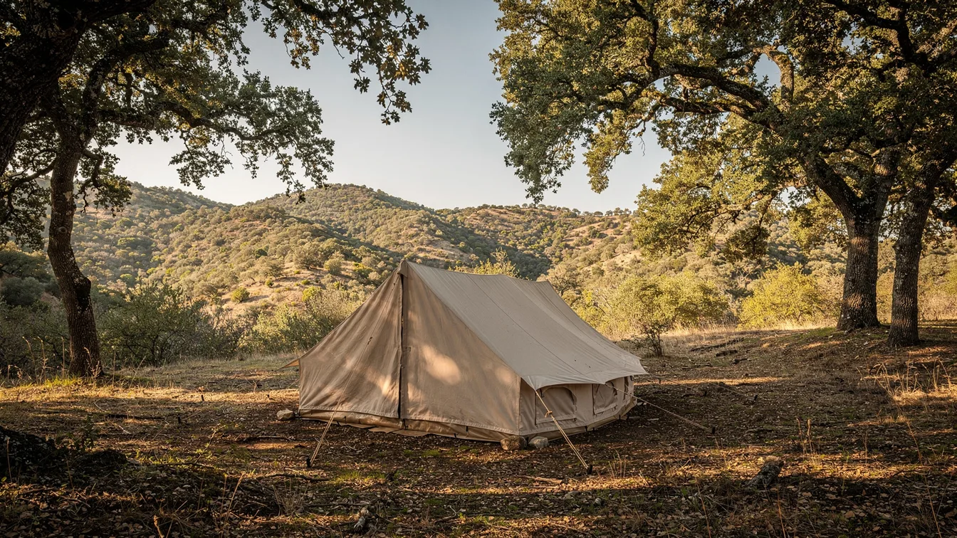A simple canvas tent at a shady oak grove beside rolling scrub-covered foothills