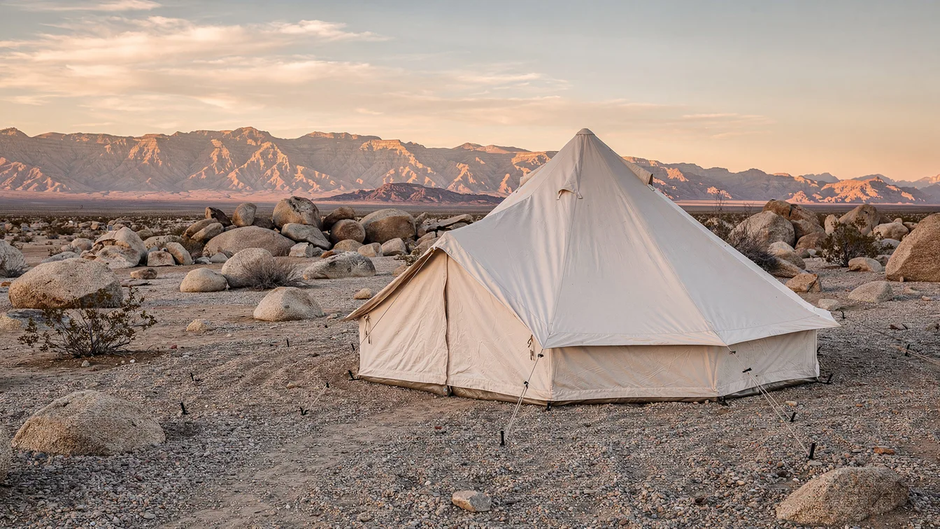 A low canvas bell tent on a gravel desert site among boulders, distant mountains at sunrise
