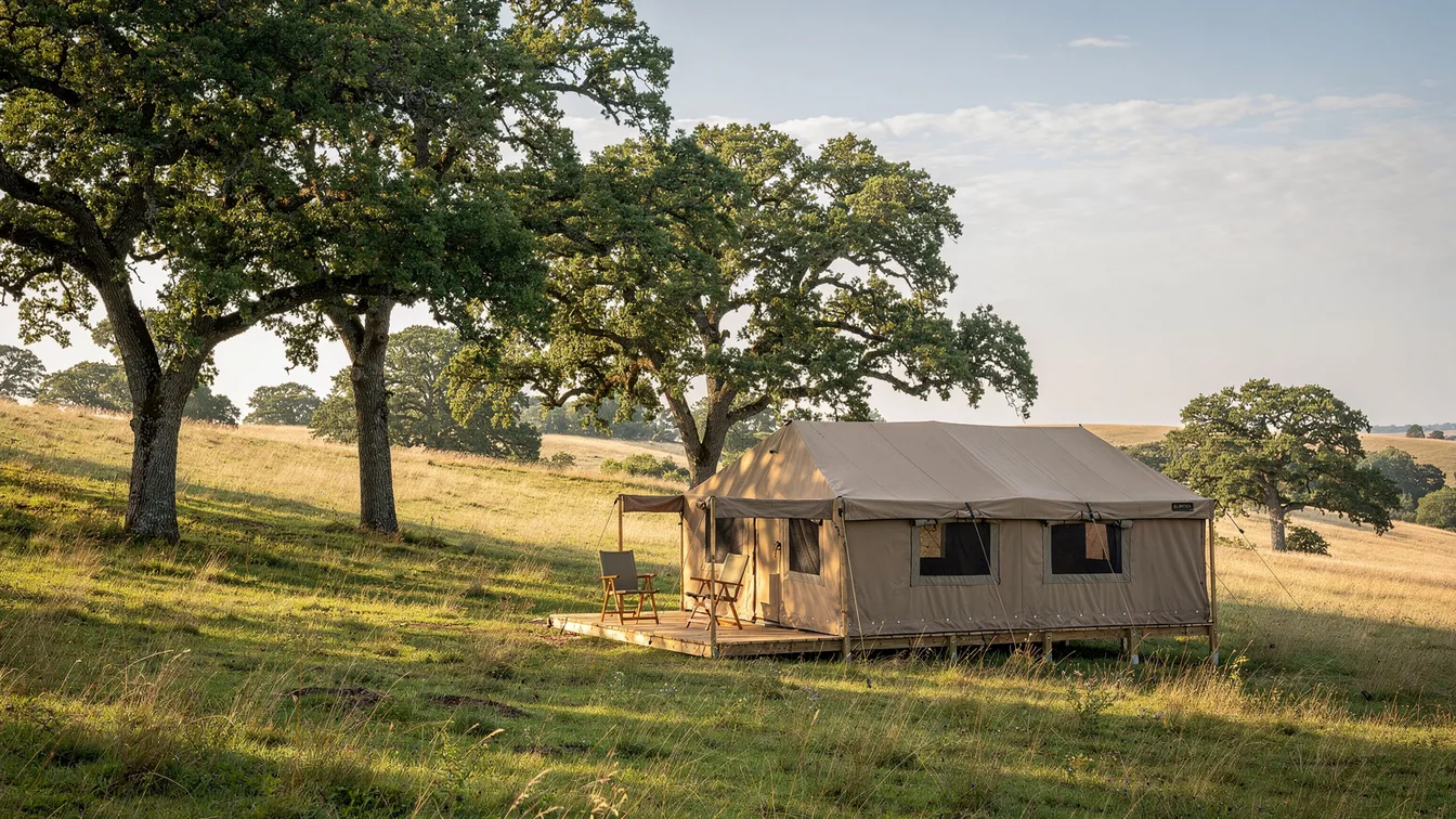 A canvas safari tent in an inland grassy valley beneath broad oak trees