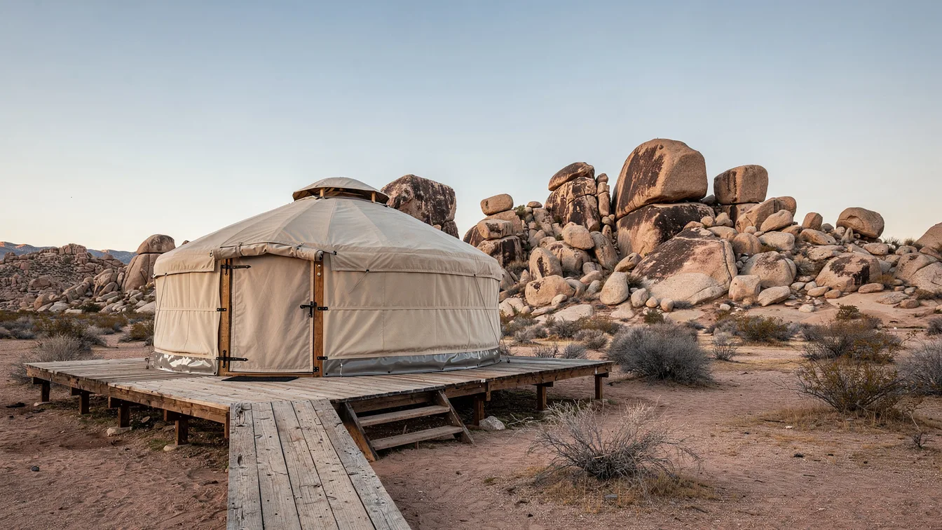 A circular canvas camping yurt on a wooden platform beside rugged desert rocks
