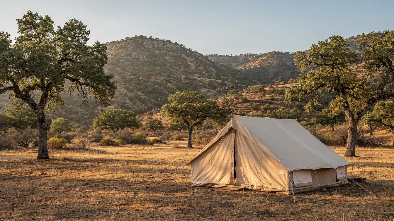 A canvas tent in a dry oak clearing with rugged hills in the distance