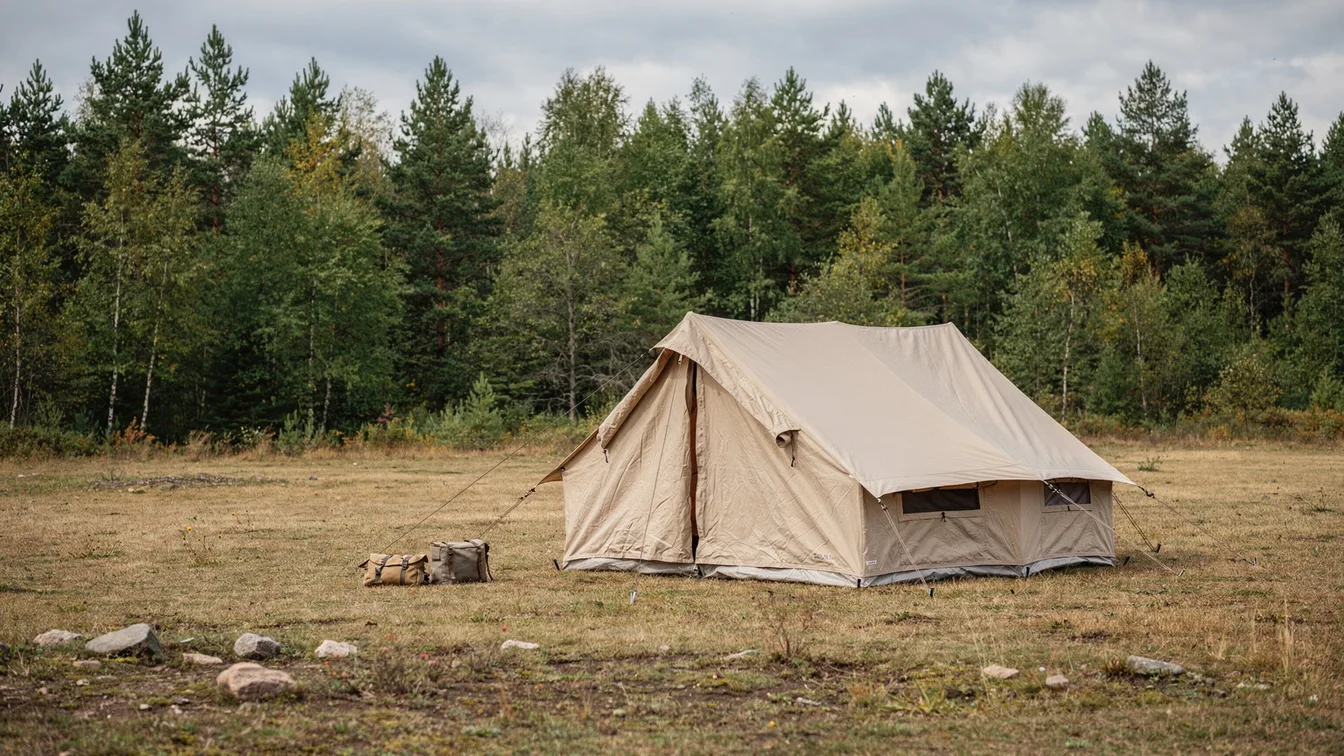 A single broad canvas tent standing in an open campsite with forest behind