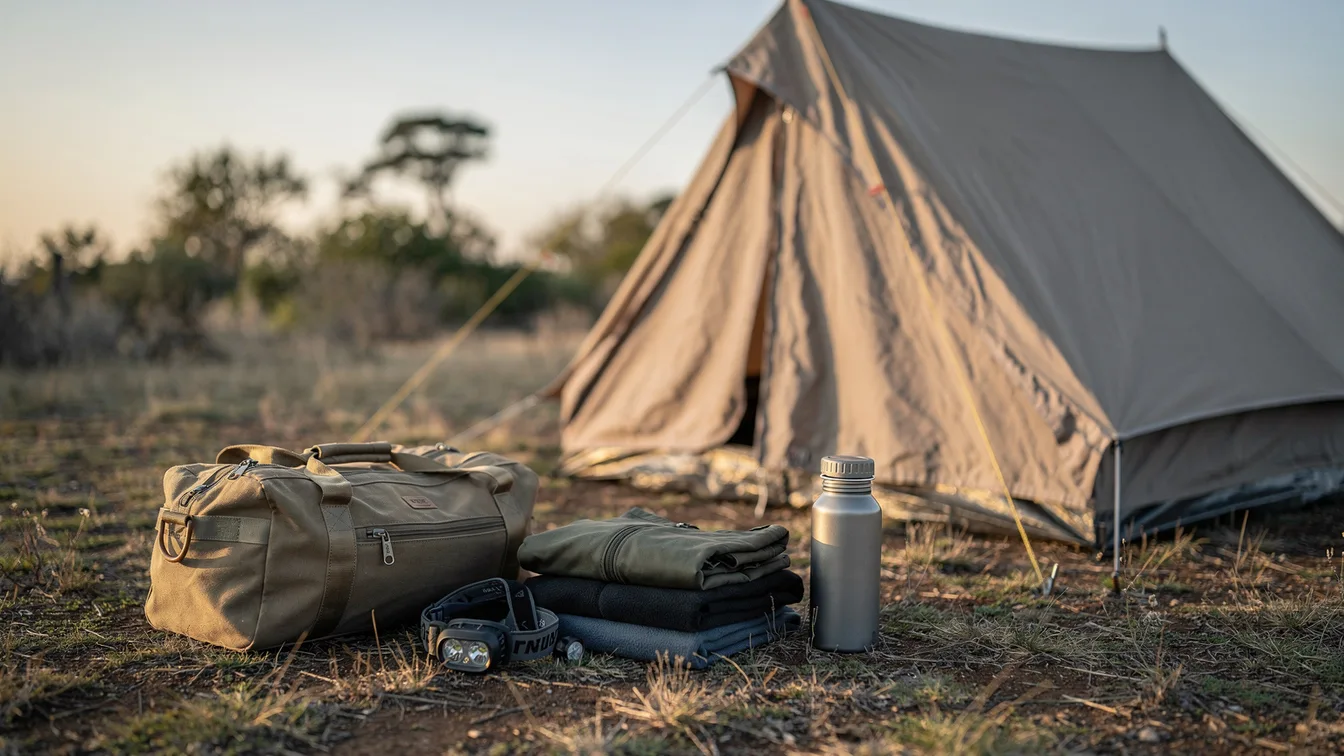 A duffel bag and folded outdoor layers beside a canvas tent