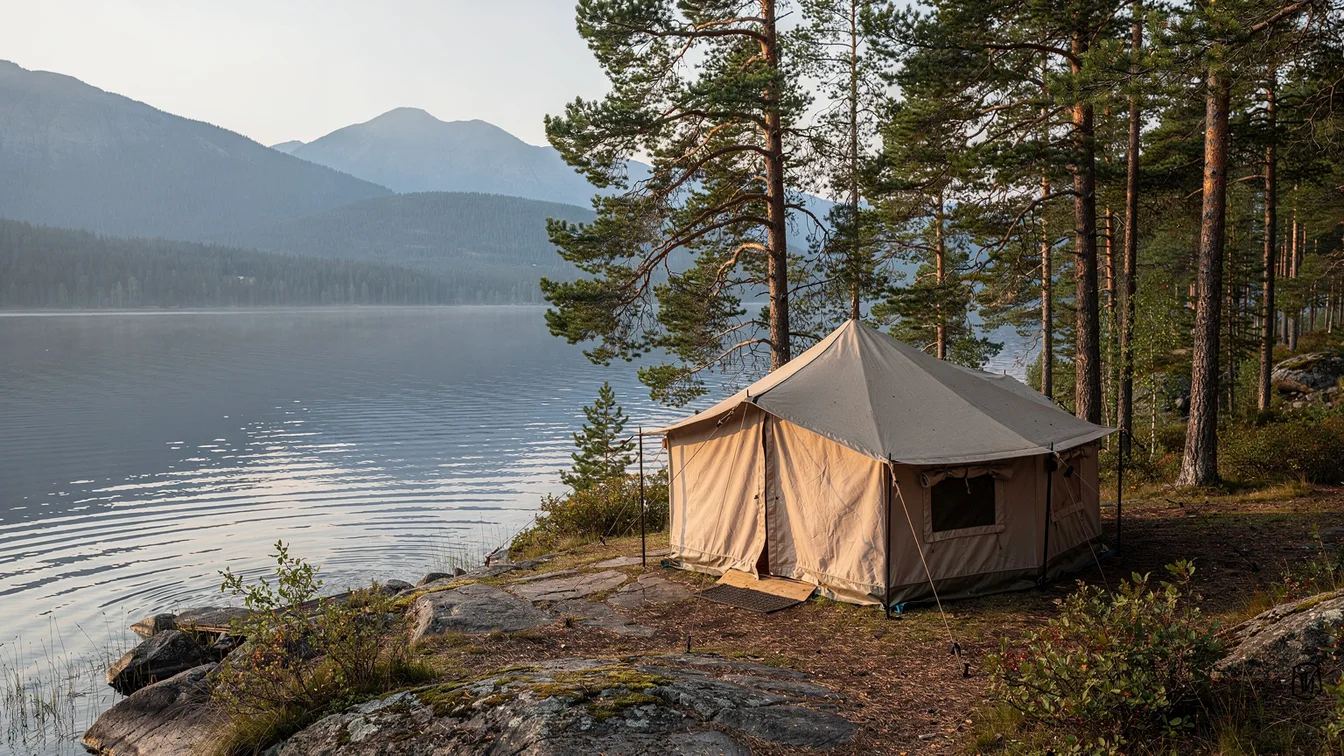 A canvas safari tent beneath mixed conifers beside a clear northern lake and distant low mountains