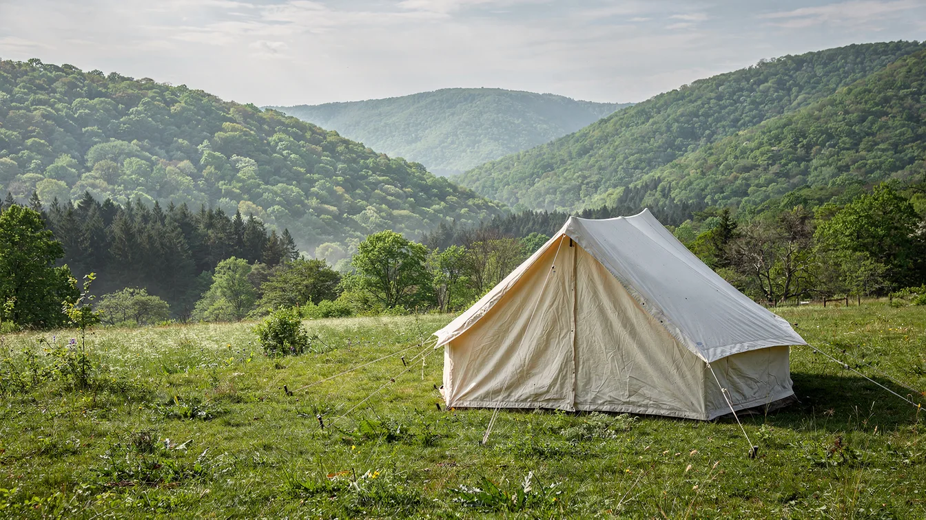 A cream canvas tent in a green wooded valley with broad wooded hills