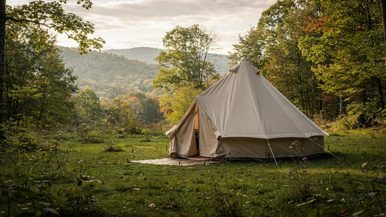 A tidy bell tent in a grassy woodland clearing with rolling northeastern hills