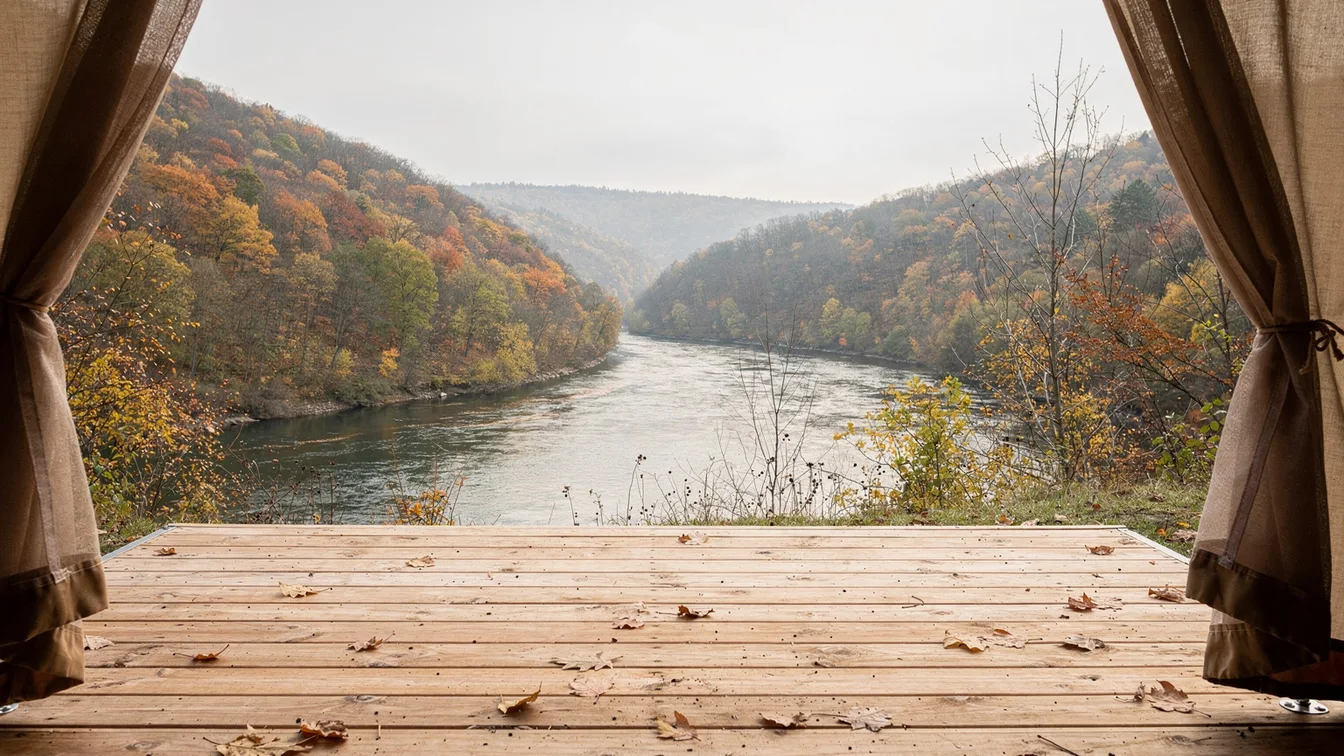 A tent deck facing broad river-valley hills and mixed autumn woodland