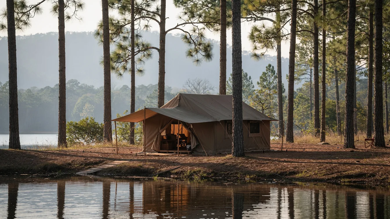 A canvas safari tent at a sheltered lake edge under tall pines with low mountains beyond