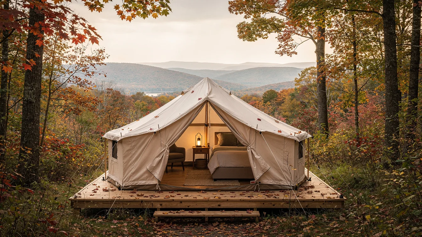 A furnished canvas tent among maples in early autumn overlooking a northern valley